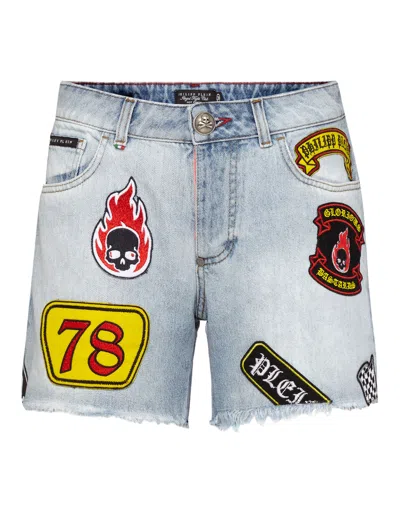 Philipp Plein Fashion Show Patch-detail Frayed Shorts In Blue