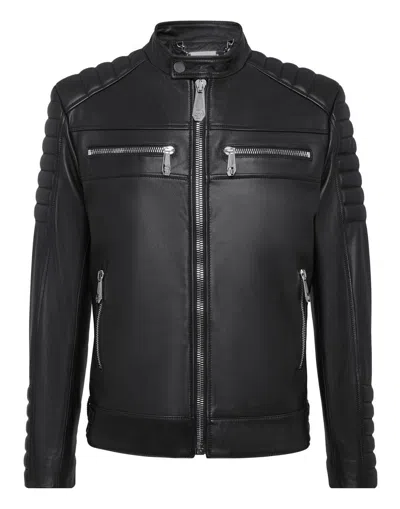 Philipp Plein Quilted Shoulders Zippered Pockets Jacket In Black