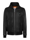 Philipp Plein Leather Hooded Bomber With Satin Inserts In Black