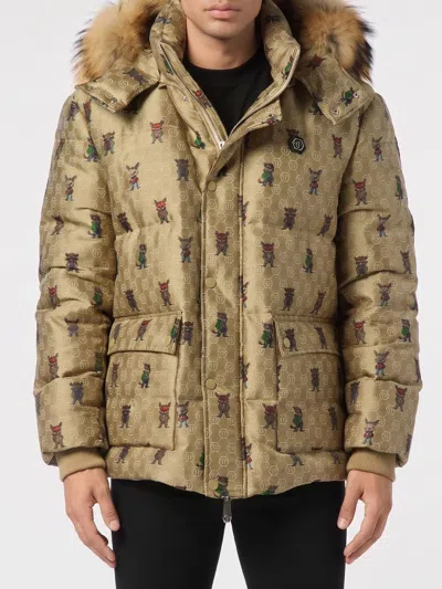 Philipp Plein Jacquard Silk Blend Canvas Monogram Down Jacket In Brown