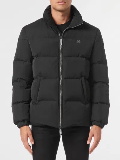 Philipp Plein Nylon Down Jacket With Logo And Slogan In Black