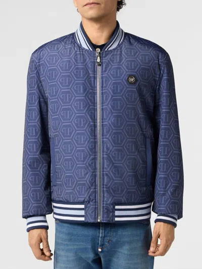 Philipp Plein Nylon Bomber All-over Monogram In Blue