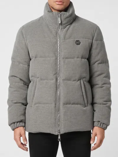 Philipp Plein Wool Down Jacket With Logo And Slogan In Gray
