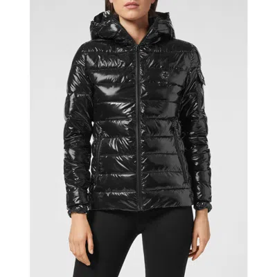 Philipp Plein Slim Fit Quilted Nylon Short Puffer Jacket With Hexagon Logo In Black