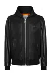 Philipp Plein Leather Hooded Bomber With Satin Inserts In Black