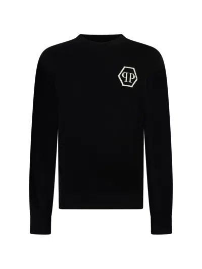 Philipp Plein Cashmere Roundneck Pullover Jacquard Hexagon In Black