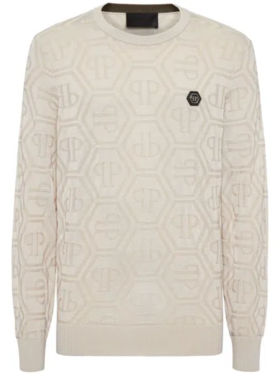 Philipp Plein Jacquard-logo Sweater In Neutrals