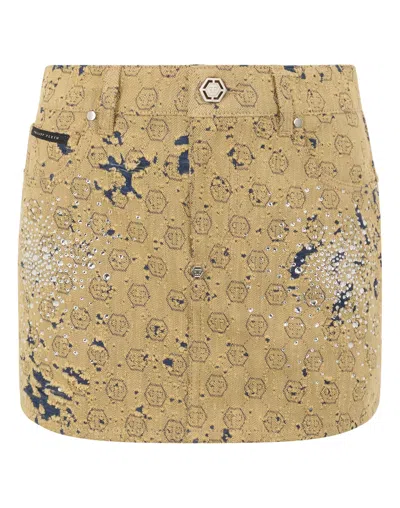 Philipp Plein Jacquard Mini Skirt Monogram Crystal In Brown