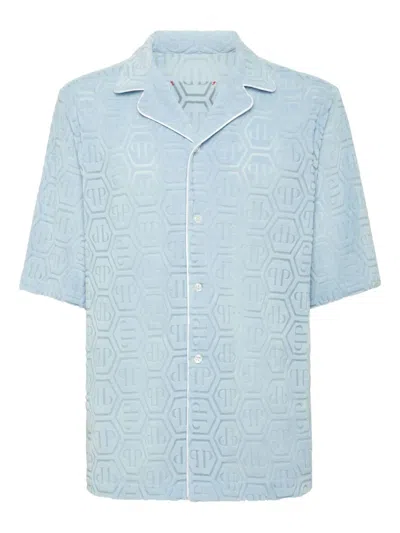 Philipp Plein Jacquard-monogram Bowling Shirt In Blue