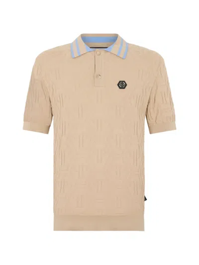 Philipp Plein Jacquard Monogram Knitted Polo Shirt In Neutral