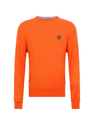 Philipp Plein Jacquard Round Neck Pullover Monogram Men In Orange
