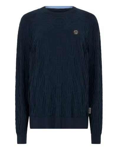 Philipp Plein Jacquard Round Neck Pullover Monogram In Blue