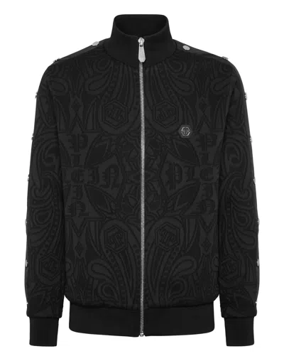 Philipp Plein Jacquard Tracksuit Jacket Chrome Crest In Black