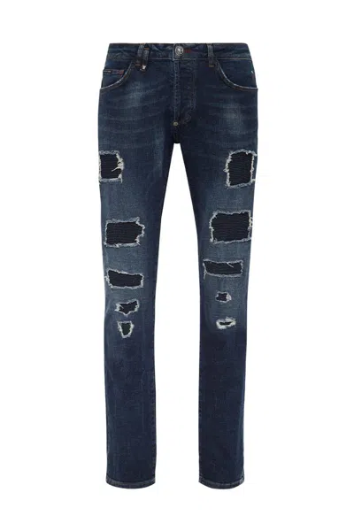 Philipp Plein Rock Star Ribbed-panels Skinny Jeans In Navy