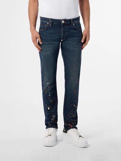 Philipp Plein Super Straight Cut Jeans Paint Men In Blue