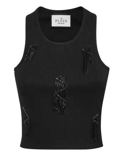Philipp Plein Jersey Rib Tank Top Fringe In Black