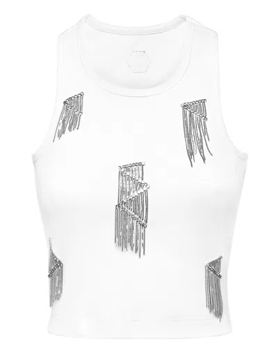 Philipp Plein Jersey Rib Tank Top Fringe In White