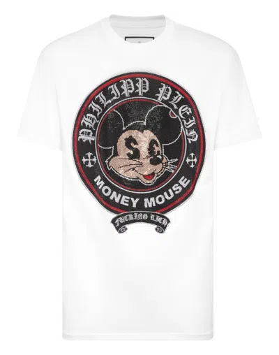Philipp Plein Jersey T-shirt Round Neck Ss Strass Money Mouse In White
