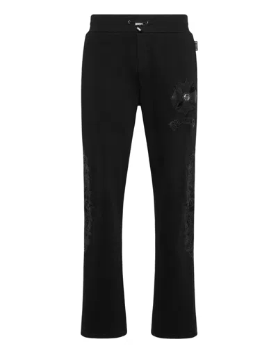 Philipp Plein Jogging Pants With Leather Inserts Chrome Crest In Black