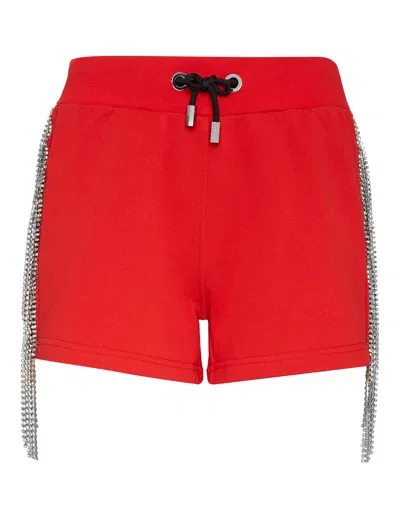 Philipp Plein Jogging Shorts Crystal Fringe In Red