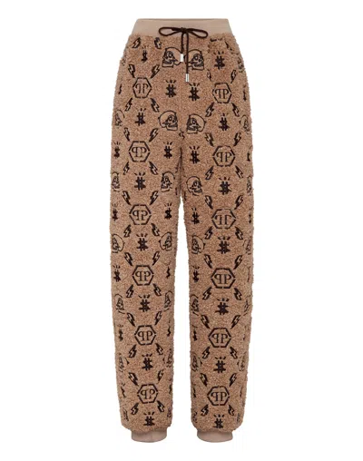 Philipp Plein Jogging Trousers Embroidery Monogram In Beige