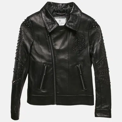 Pre-owned Philipp Plein Junior Black Textured Leather Black Stud Detail Biker Jacket 8 Yrs