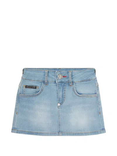 Philipp Plein Junior Kids' Button Denim Skirt In Blue