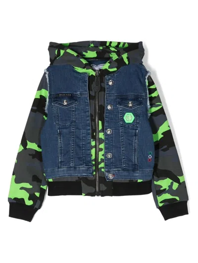 Philipp Plein Junior Kids' Camouflage-print Hooded Bomber Jacket In Blu