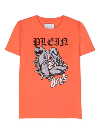 Philipp Plein Junior Kids' Crystal-embellished Cotton T-shirt In Orange