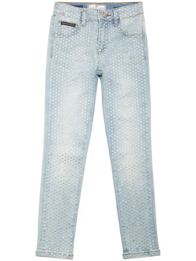 Philipp Plein Junior Kids' Crystal-embellished Five-pocket Straight-leg Jeans In Blue