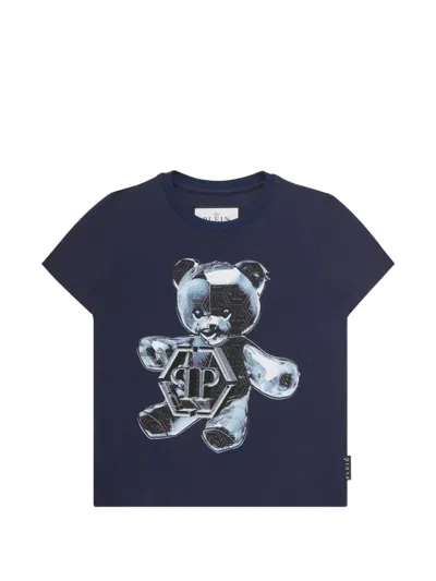 Philipp Plein Junior Kids' Crystal Teddy T-shirt In Blue