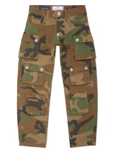 Philipp Plein Junior Kids' Denim Cargo Trousers In Brown