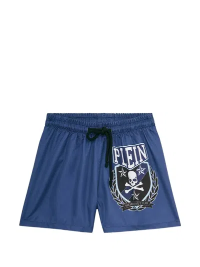 Philipp Plein Junior Kids' Graphic Drawstring Swim Shorts In Blue