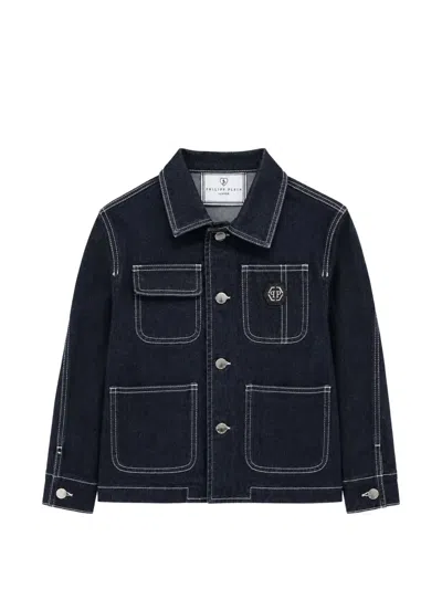 Philipp Plein Junior Kids' Graphic-print Contrast-stitch Denim Jacket In Blue