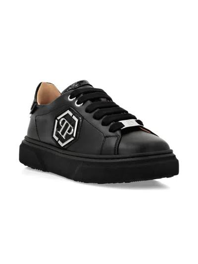 Philipp Plein Junior Hexagon Leather Low-top Sneakers In Black