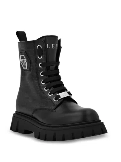 Philipp Plein Junior Hexagon Monogram Leather Boots In Black