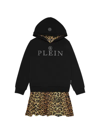 Philipp Plein Junior Kids' Hooded Leopard-print Dress In Black