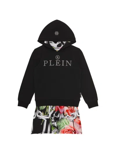 Philipp Plein Junior Kids' Hooded Logo Dress In Black