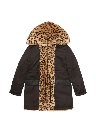 Philipp Plein Junior Leopard-print Faux-fur-trim Coat In Brown