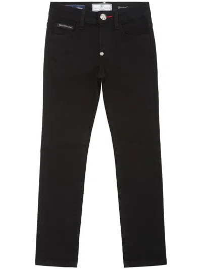 Philipp Plein Junior Kids' Logo-patch Five-pocket Straight-leg Jeans In Black
