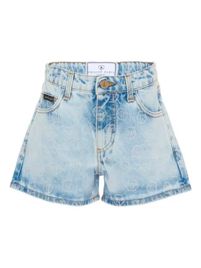 Philipp Plein Junior Kids' Logo-print Denim Shorts In Blue