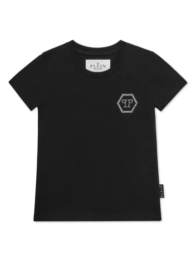 Philipp Plein Junior Kids' Logo-studded T-shirt In 黑色
