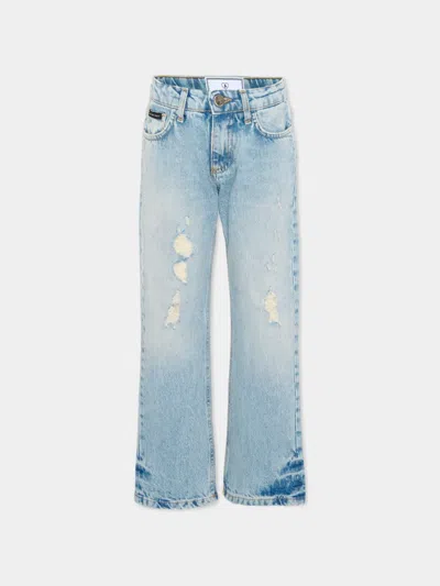 Philipp Plein Junior Kids' Logo-detail Distressed-effect Jeans In Blue