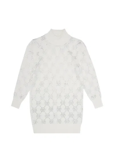 Philipp Plein Junior Kids' Monogram Knit Dress In White