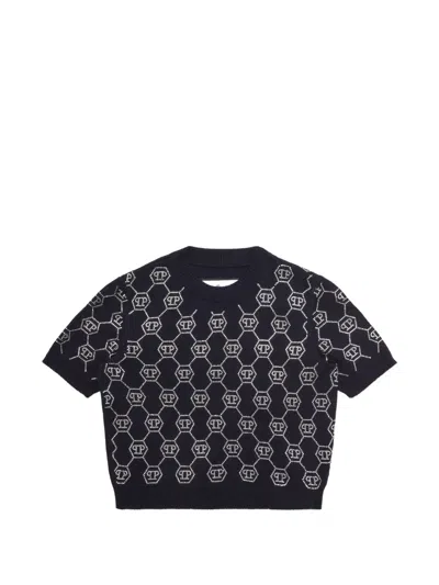 Philipp Plein Junior Kids' Monogram Knitted Top In Blue