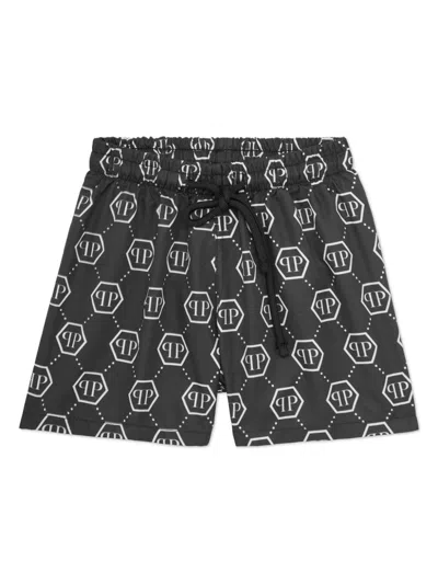 Philipp Plein Junior Kids' Monogram-print Swim Shorts In Black