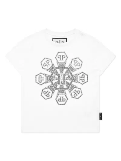 Philipp Plein Junior Kids' Monogram-studded T-shirt In 白色