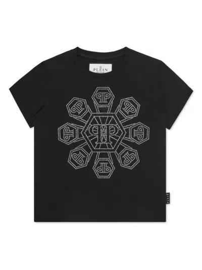 Philipp Plein Junior Kids' Monogram-studded T-shirt In 黑色