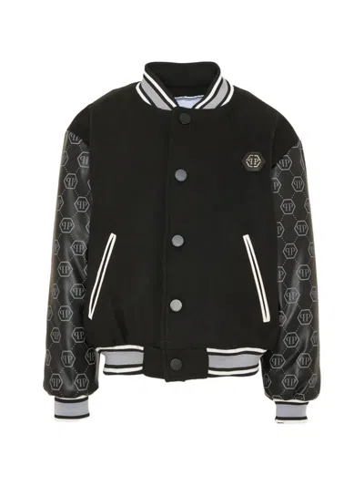Philipp Plein Junior Kids' Monogram-print Logo-patch Bomber Jacket In Black
