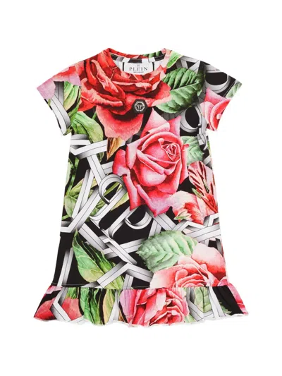 Philipp Plein Junior Kids' Roses Ruffle Dress In Black
